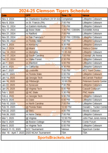 Printable 2024-25 Clemson Tigers Basketball Schedule; TV Broadcasts, Matchups – Sports Brackets