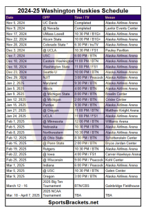 Calendario imprimible de baloncesto de los Washington Huskies 2024-25; Declaraciones de TV, enfrentamientos – Cuadros deportivos
