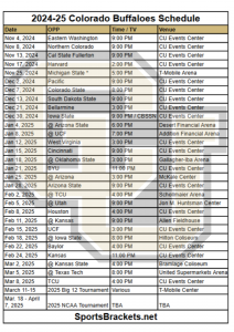 Calendario imprimible de baloncesto de los Colorado Buffaloes 2024-25; Transmisiones de TV, enfrentamientos – Cuadros de acciones deportivas