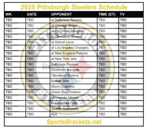 Imprimible 2025 escritorio de tiempo de Pittsburgh Steelers; Empacamientos y proclamaciones de televisión: los soportes de actividades deportivas