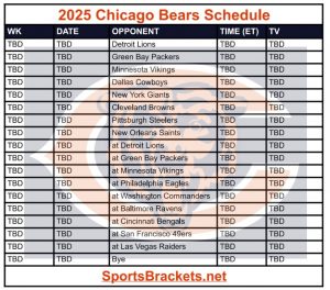 Imprimible 2025 Agenda de los Chicago Bears; Enfrentamientos y transmisiones de TV: soportes de actividades deportivas