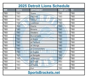 Tabla de tiempo imprimible 2025 de Detroit Lions; Enfrentamientos y transmisiones de TV – Sports Brackets