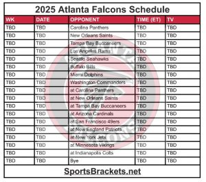 Imprimible 2025 Agenda de los Halcones de Atlanta; Enfrentamientos y transmisiones de TV: soportes de actividades deportivas