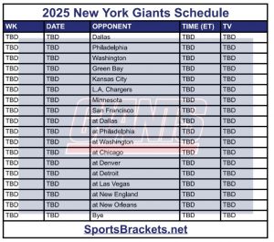 Agenda de los Gigantes de Nueva York imprimibles 2025; Enfrentamientos y anuncios de televisión: corchetes