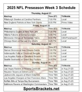 2025 Agenda de la Preventa 3 de la NFL de la NFL; Hornados de TV imprimibles: soportes deportivos