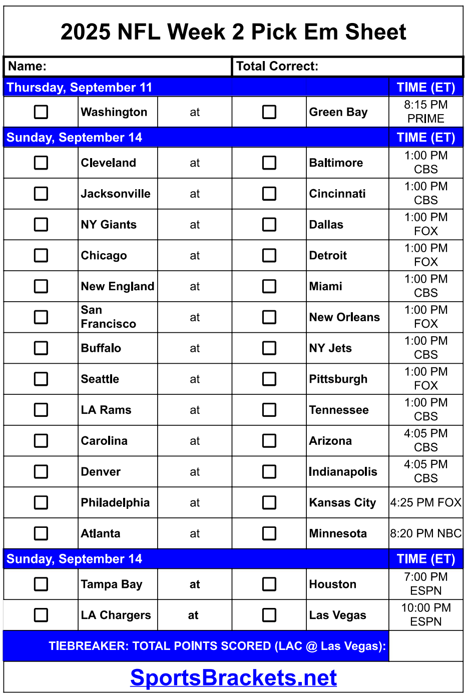 2025 NFL Pick EM Semana 2; Formato PDF imprimible: soportes de acciones deportivas