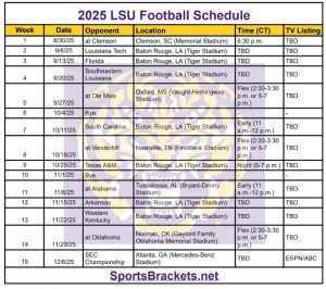 2025 Mesa de tiempo de fútbol LSU; Imprimible, enfrentamientos y TV – Splacos de actividades deportivas