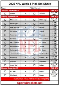 2025 NFL Decide EM Sheet Week 4; Imprimible, estructura pdf – corchetes