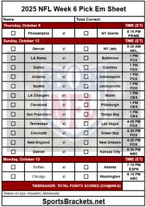 2025 NFL Pick EM Semana 6; Imprimible, estructura pdf – corchetes