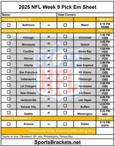 2025 NFL Pick EM Semana 9; Diseño de PDF imprimible: soportes deportivos