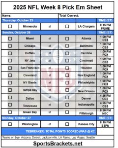 2025 NFL Pick EM Semana 8; Formato PDF imprimible: soportes deportivos