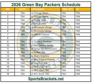 Horario imprimible 2026 Green Bay Packers; Enfrentamientos y transmisiones de TV: soportes de actividades deportivas
