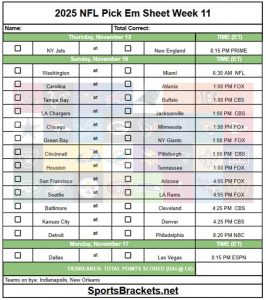 Semana 11 de la hoja de selección de la NFL de 2025; Estructura PDF imprimible – Soportes deportivos