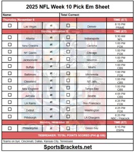 Semana 10 de la hoja de selección de la NFL de 2025; Imprimible, Estructura PDF – Corchetes de acciones deportivas