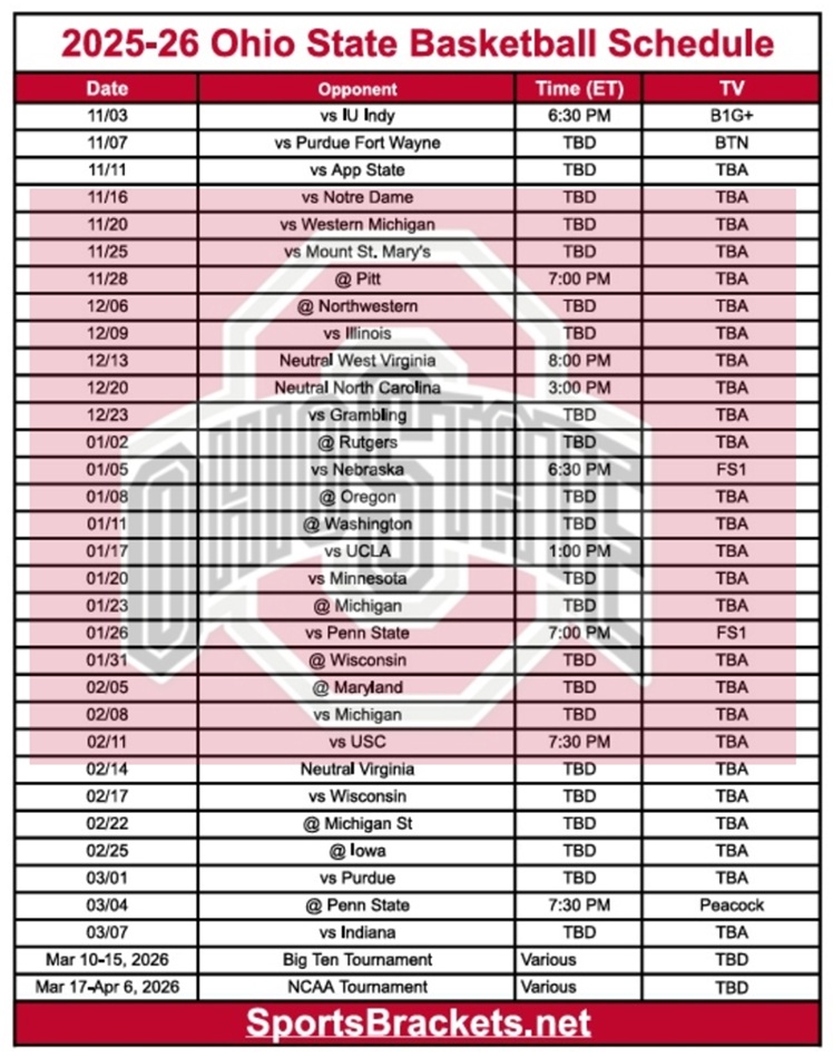 Calendario imprimible de baloncesto Ohio Jabber 2025-26; Estructura PDF, Proclamaciones de TV – Soportes deportivos