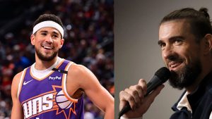 Devin Booker sorprende a Michael Phelps con un particular disfraz de conglomerado multimillonario