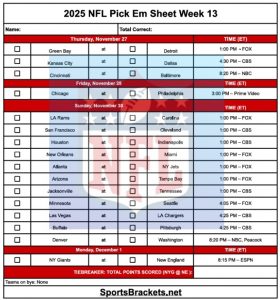 Hoja Opt Em de la NFL de 2025, Semana 13; Imprimible, Formato PDF – Soportes para actividades deportivas
