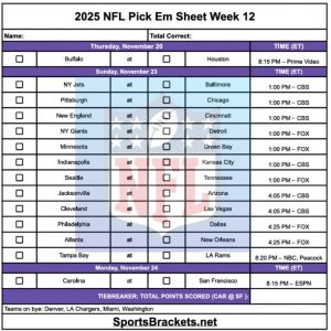 Semana 12 de la hoja de decisión de la NFL de 2025; Imprimible, Diseño PDF – Corchetes de acciones deportivas