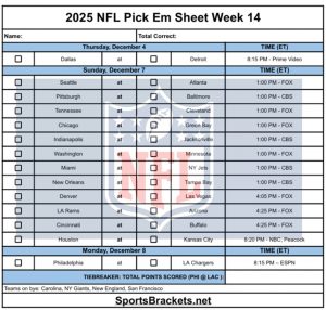 Semana 14 de la hoja Opt Em de la NFL de 2025; Imprimible, Estructura PDF – Corchetes de acciones deportivas