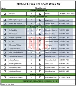 Semana 16 de la hoja de selección de la NFL de 2025; Imprimible, formato PDF – Soportes deportivos