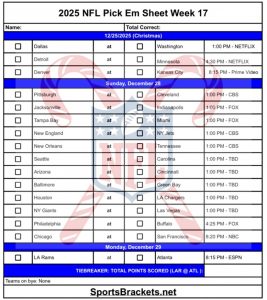 Semana 17 de la hoja de selección de la NFL de 2025; Estructura PDF imprimible – Soportes deportivos