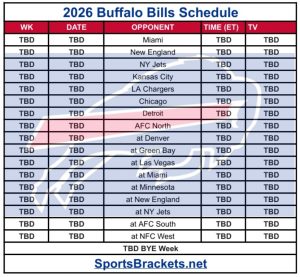 Calendario imprimible de fondos Buffalo 2026; Enfrentamientos y publicidad televisiva – Cuadros deportivos