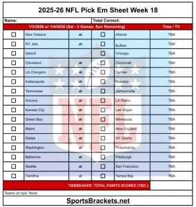 2025 NFL Elija Em Sheet Semana 18; Imprimible, diseño PDF – Soportes deportivos