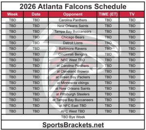 Calendario imprimible de los Atlanta Falcons de 2026; Enfrentamientos y anuncios de televisión: categorías deportivas