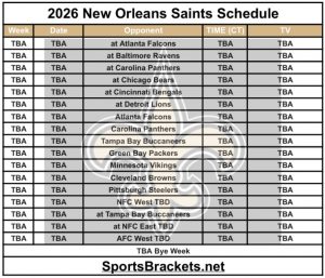 Calendario imprimible de los Santos de Orleans contemporáneos de 2026; Enfrentamientos y anuncios televisivos: categorías deportivas