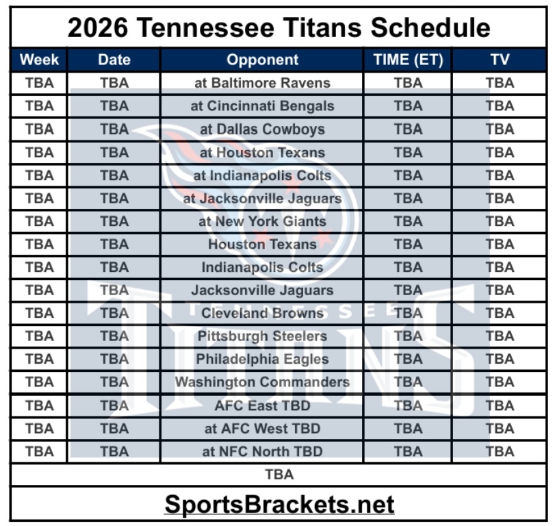 Calendario imprimible de los Tennessee Titans de 2026; Enfrentamientos y declaraciones televisivas – Cuadros deportivos