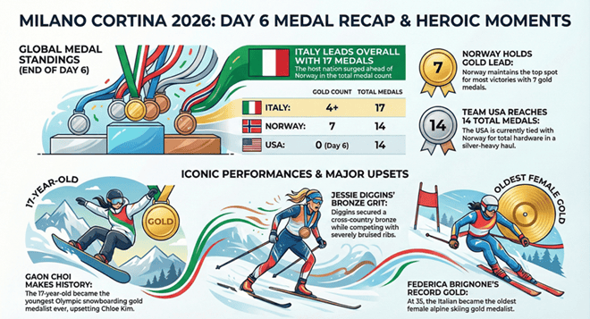 Resumen del día 6 de los Juegos Olímpicos de Invierno de 2026: aspectos destacados clave y historias de EE. UU. Chloe Kim Silver en Halfpipe molesta, Diggins Bronze Grit, Italia anfitriona Surge (resumen del 12 de febrero) – Cuadros deportivos