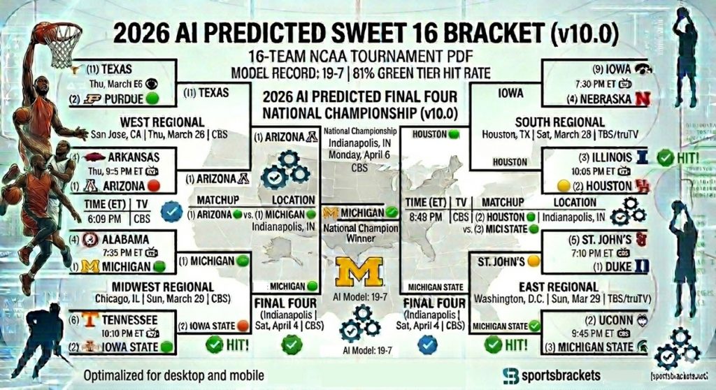 Cuadro AI Sweet 16 2026: Predicción de la dirección a Indy (Crónica del modelo 19-7) – Cuadros de acciones deportivas