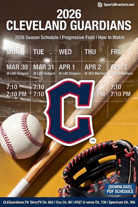 Calendario de los Cleveland Guardians 2026: resultados, registros televisivos y PDF imprimible – Cuadros deportivos