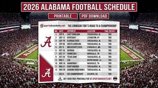 Calendario de fútbol de Alabama Crimson Tide 2026, PDF imprimible – Corchetes de actividades deportivas