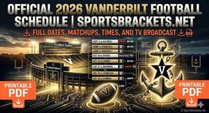 Agenda de Fútbol Vanderbilt 2026, PDF Imprimible con Agenda TV – Acciones deportivas Corchetes