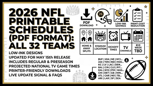 Horarios imprimibles de la NFL 2026 (estructura en PDF): los 32 grupos – Cuadros deportivos