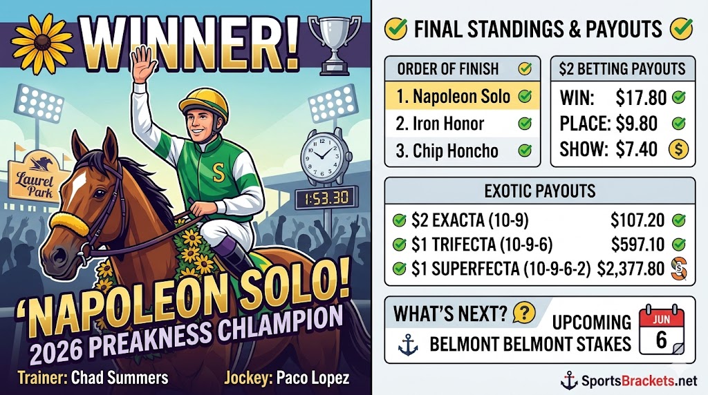 Resultados finales de Preakness Stakes 2026: clasificación, pagos de apuestas, premios en efectivo y resumen del bullicio – Cuadros deportivos
