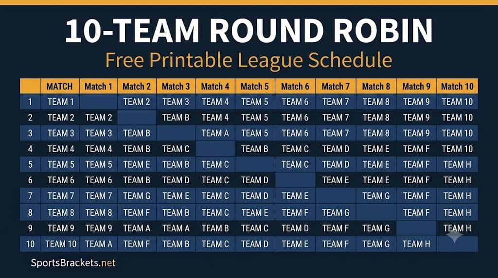 Calendario Robin de la Ronda de 10 Equipos: PDF para imprimir gratis – Cuadros de acciones deportivas