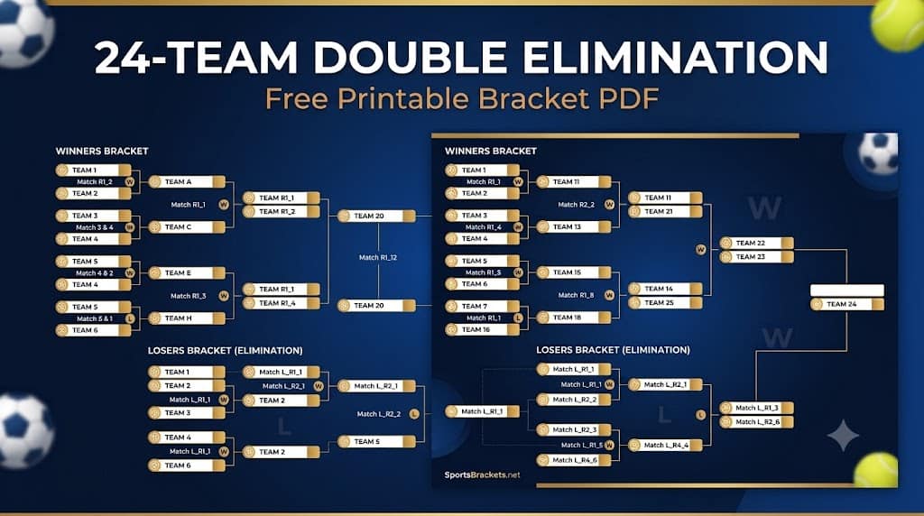 Cuadro de doble eliminación de 24 equipos: PDF para imprimir gratis – Cuadros deportivos