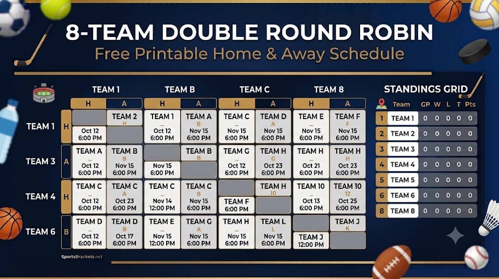 Agenda Doble Round Robin de 8 grupos: PDF para imprimir gratis – Cuadros deportivos