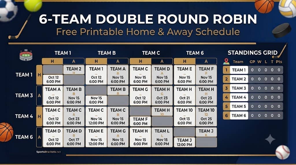 Agenda Robin de doble ronda de 6 equipos: PDF para imprimir gratis – Cuadros deportivos