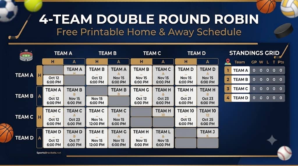 Calendario de doble round robin de 4 equipos: PDF para imprimir gratis – Cuadros deportivos